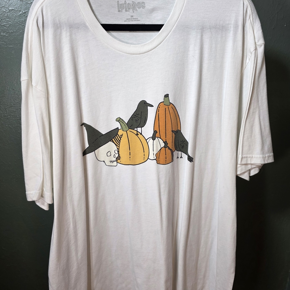 LuLaRoe Liv White Tee with Pumpkin, Crow & Skull Graphic